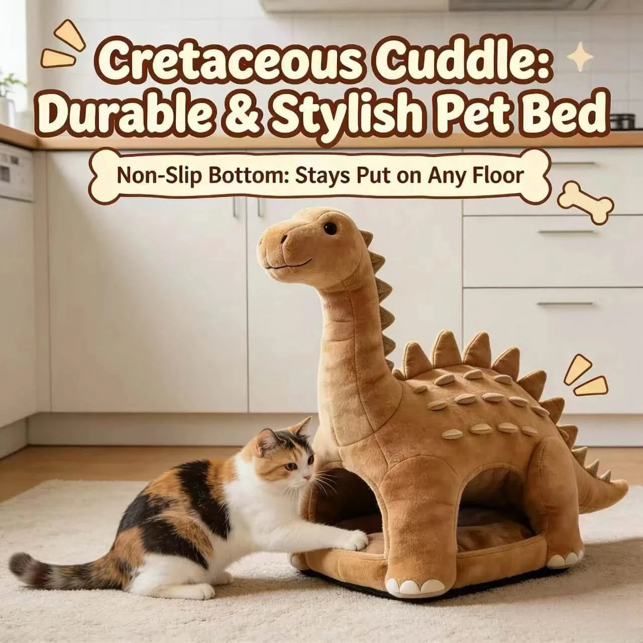 Cuddly Cat Bed, Dinosaur Cave Design, Anti-Slip Bottom, Plush Fabric, Brown
