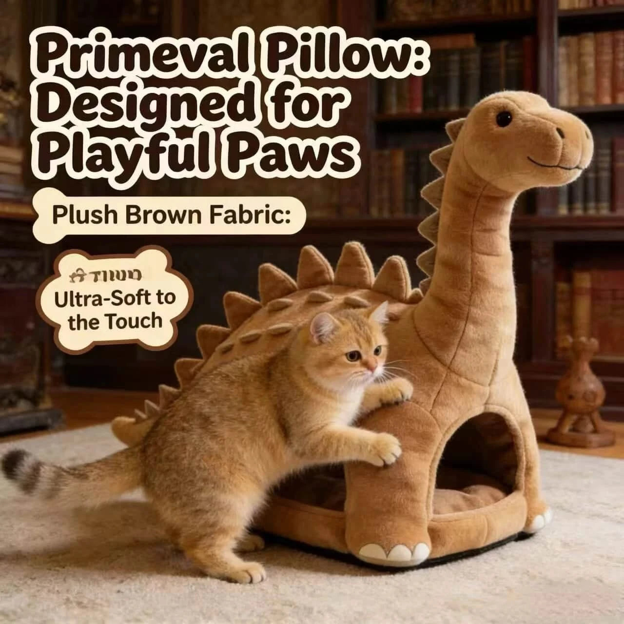 Cuddly Cat Bed, Dinosaur Cave Design, Anti-Slip Bottom, Plush Fabric, Brown