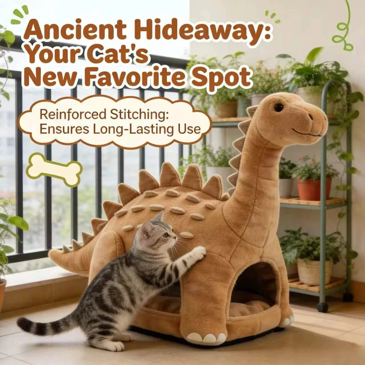 Cuddly Cat Bed, Dinosaur Cave Design, Anti-Slip Bottom, Plush Fabric, Brown
