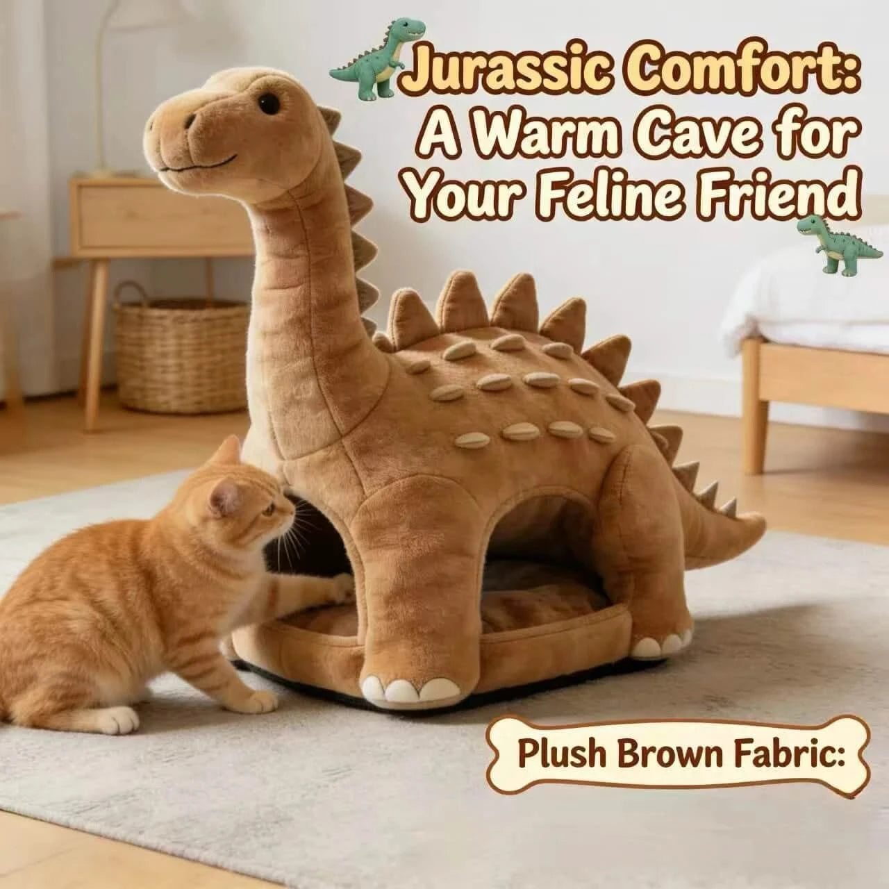 Cuddly Cat Bed, Dinosaur Cave Design, Anti-Slip Bottom, Plush Fabric, Brown
