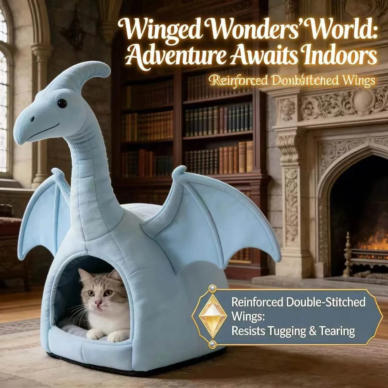 Stylish Cat Bed, Aqua Dragon Nest Design, Reinforced Wings, Blue Fabric, All-Season
