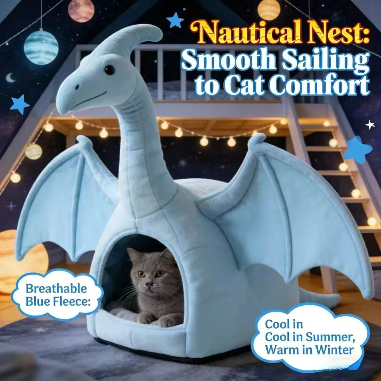 Stylish Cat Bed, Aqua Dragon Nest Design, Reinforced Wings, Blue Fabric, All-Season
