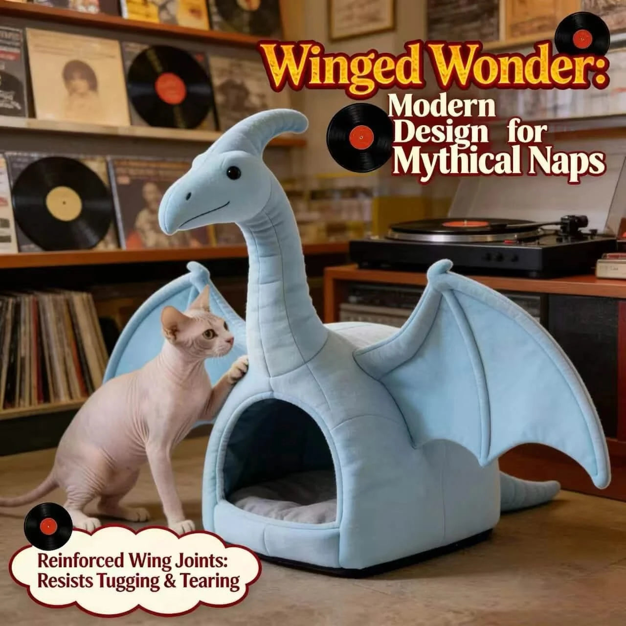 Stylish Cat Bed, Aqua Dragon Nest Design, Reinforced Wings, Blue Fabric, All-Season