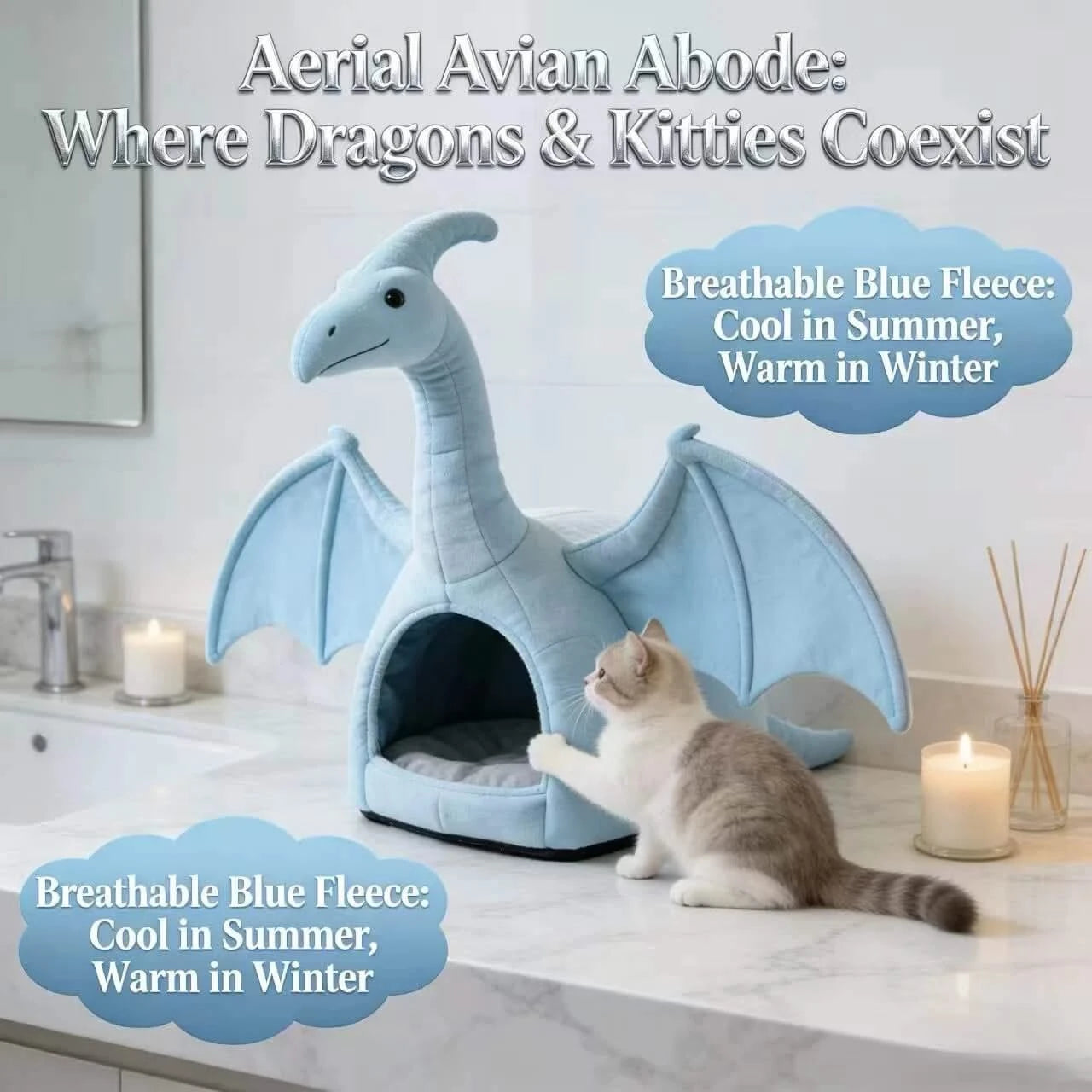 Stylish Cat Bed, Aqua Dragon Nest Design, Reinforced Wings, Blue Fabric, All-Season