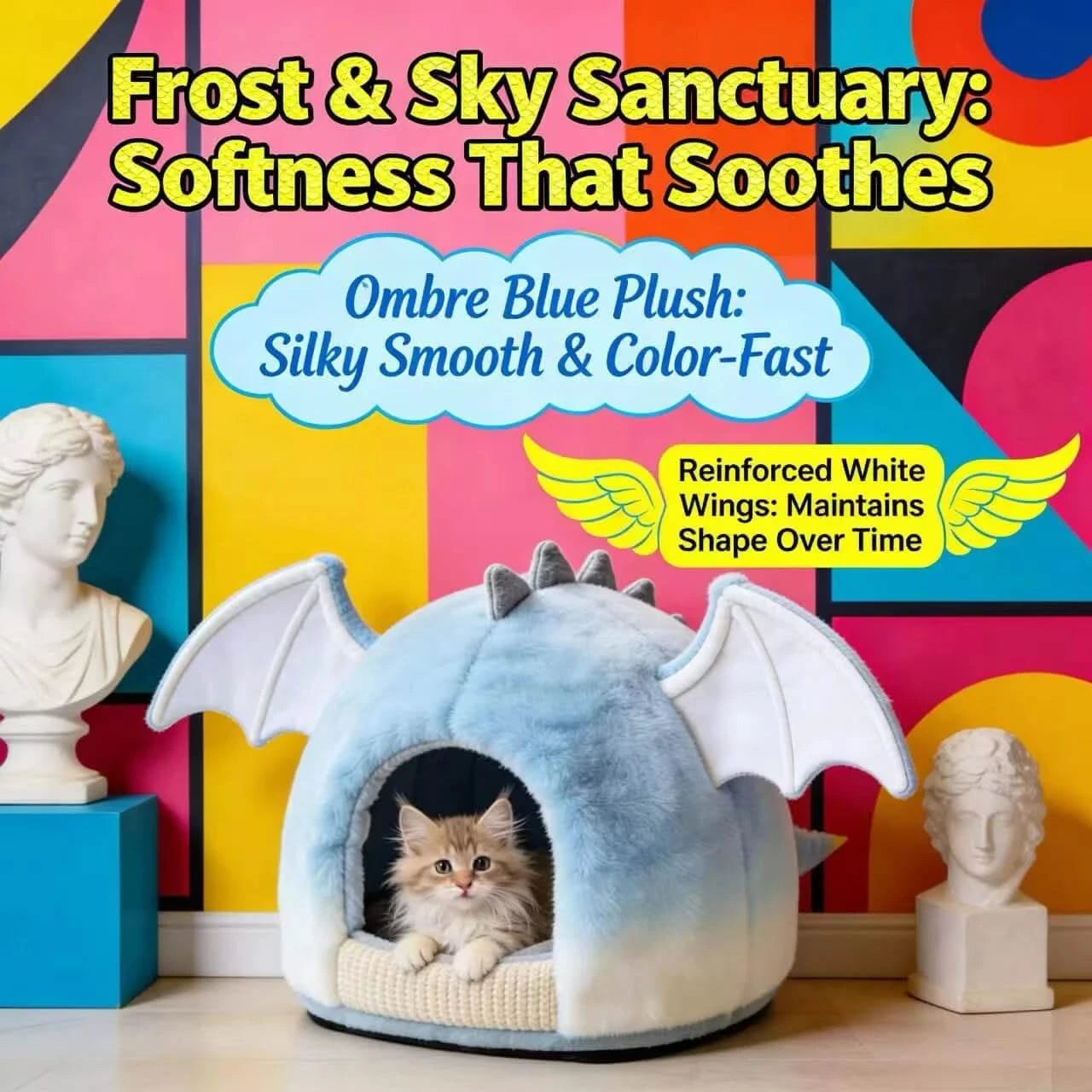 Cat Bed, Dragon Shape, Plush Material, White/Light Blue, Mythical Theme, Dreamy Slumber