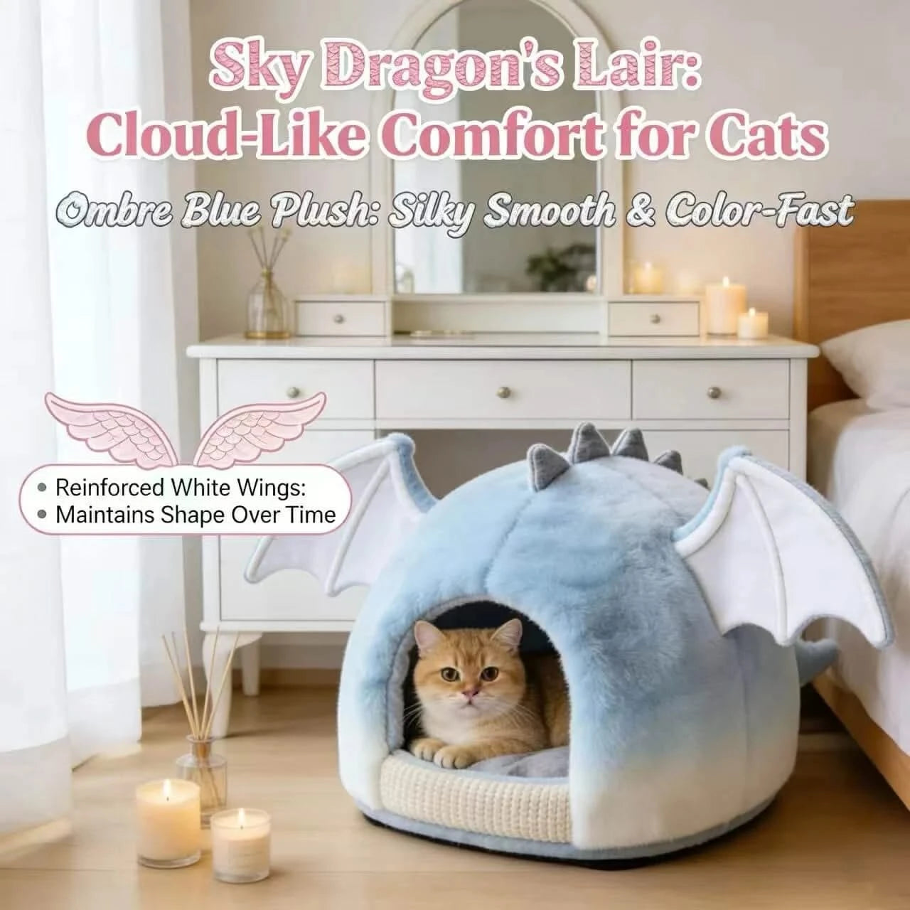 Cat Bed, Dragon Shape, Plush Material, White/Light Blue, Mythical Theme, Dreamy Slumber
