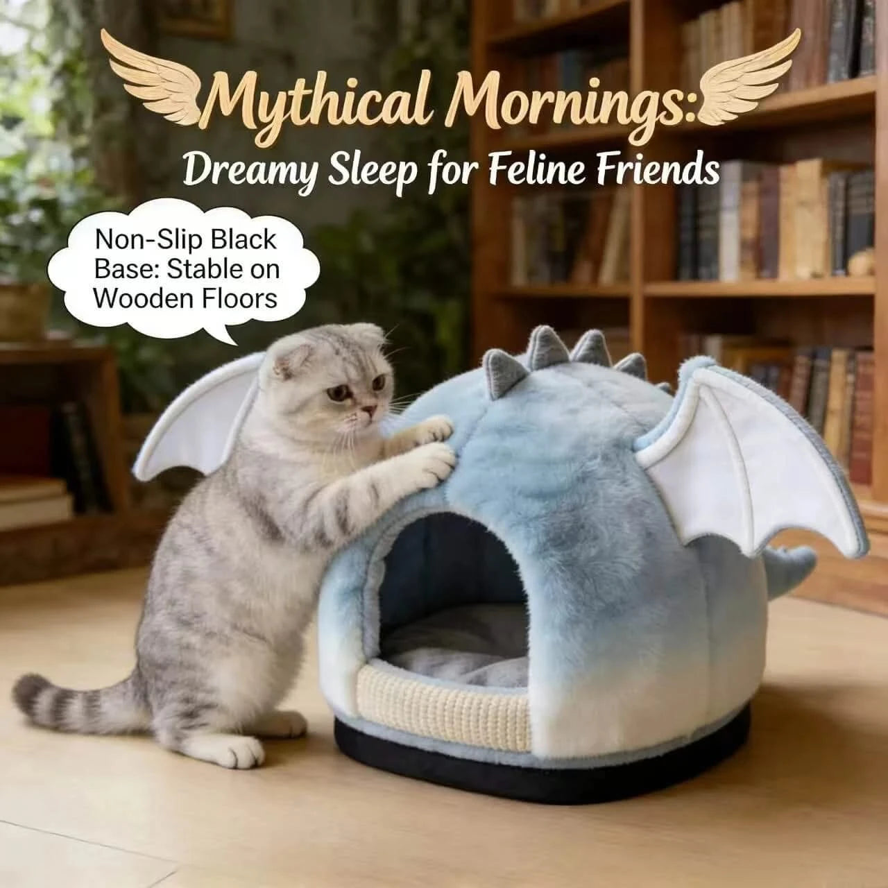 Cat Bed, Dragon Shape, Plush Material, White/Light Blue, Mythical Theme, Dreamy Slumber