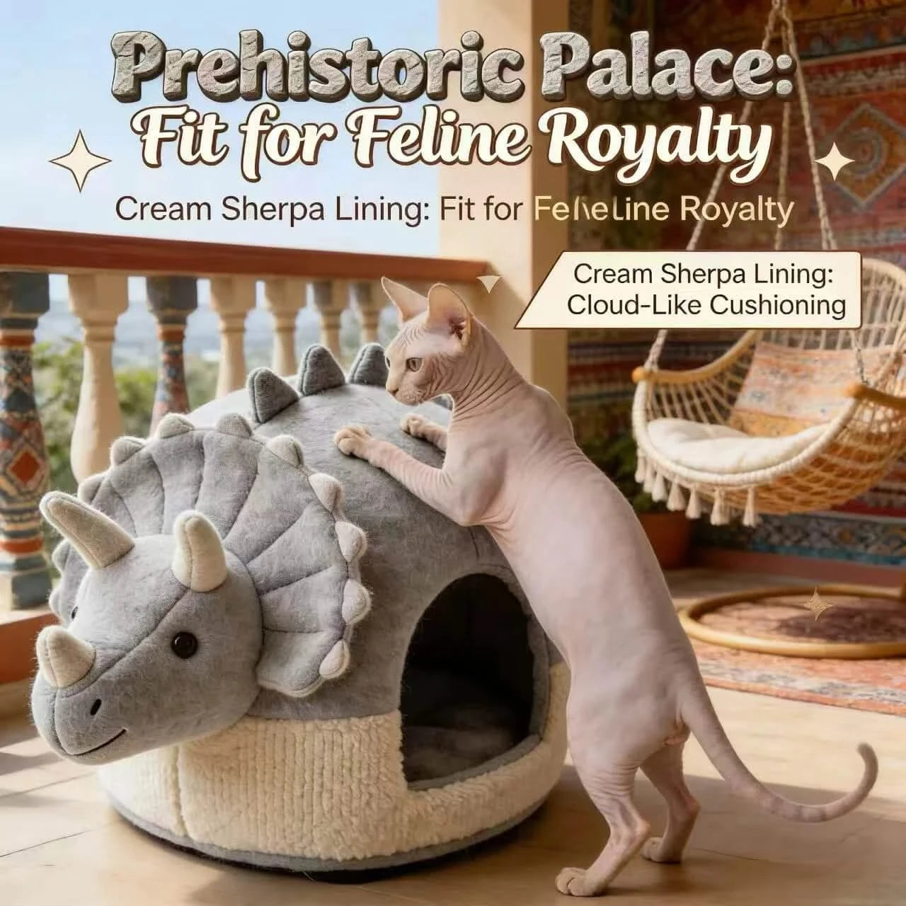  Deluxe Cat Bed, Dinosaur Cave Design, Non-Slip Base, Plush Fabric, Gray & White