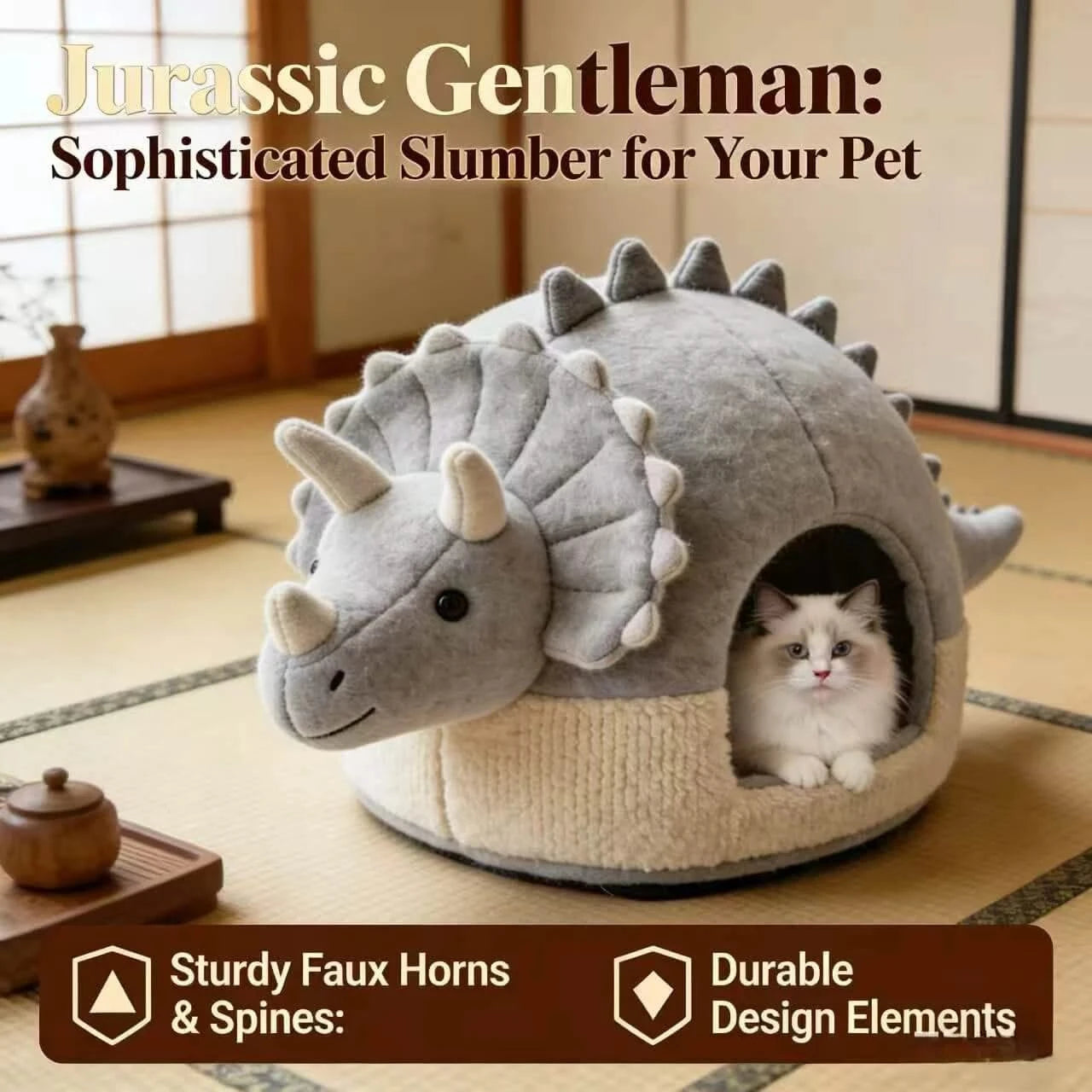  Deluxe Cat Bed, Dinosaur Cave Design, Non-Slip Base, Plush Fabric, Gray & White