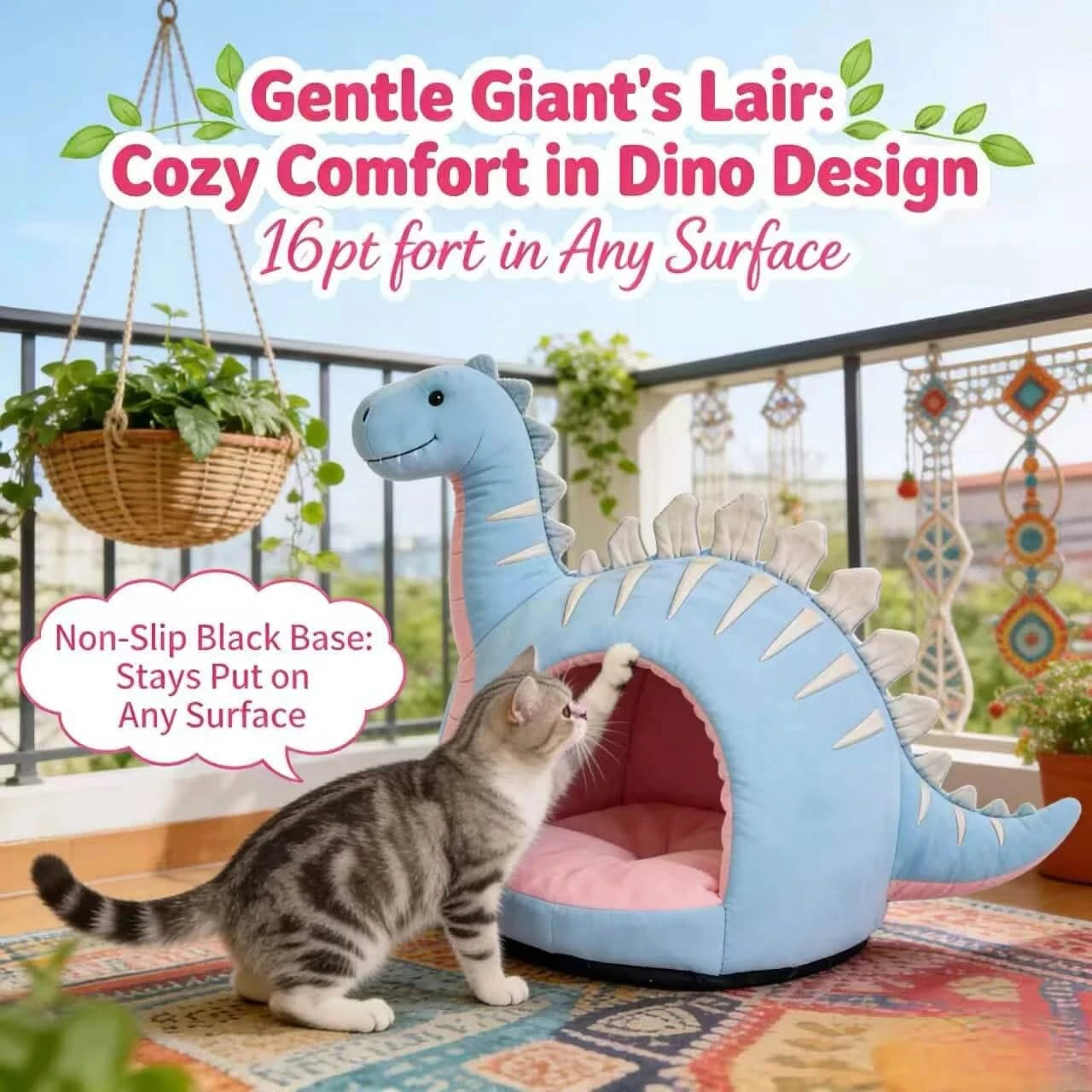Cat Bed, Dino Shape, Plush Material, Light Blue, Versatile Surface Fit, Cozy Comfort