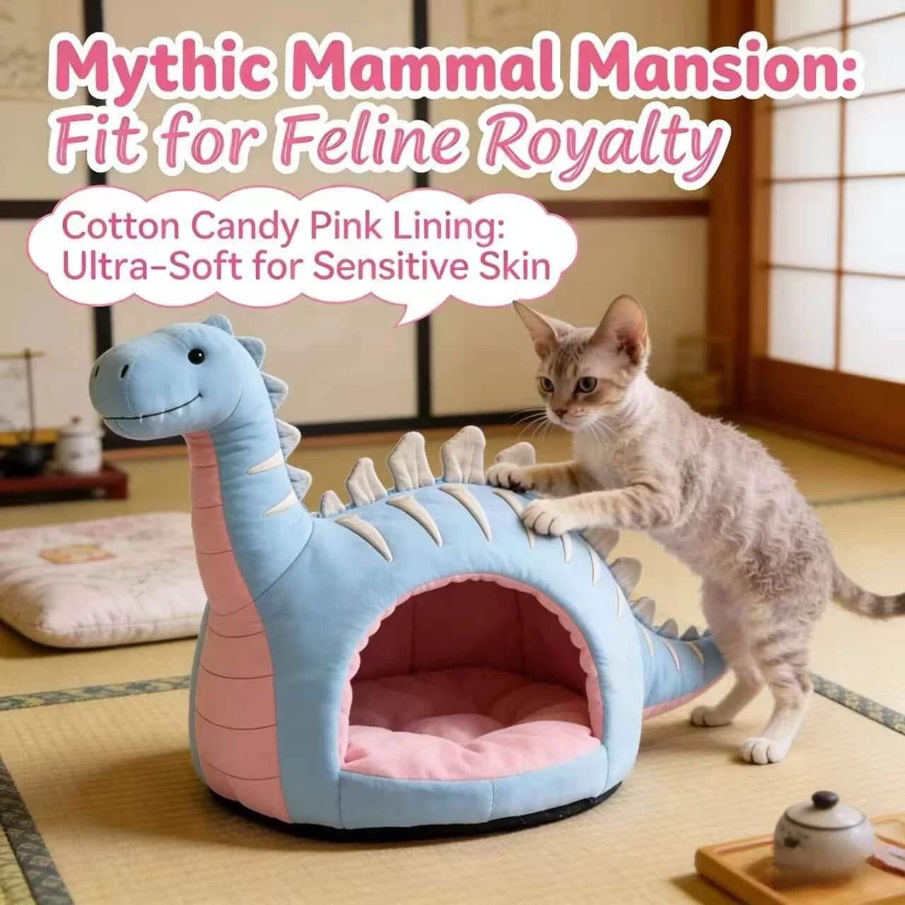 Cat Bed, Dino Shape, Plush Material, Light Blue, Versatile Surface Fit, Cozy Comfort