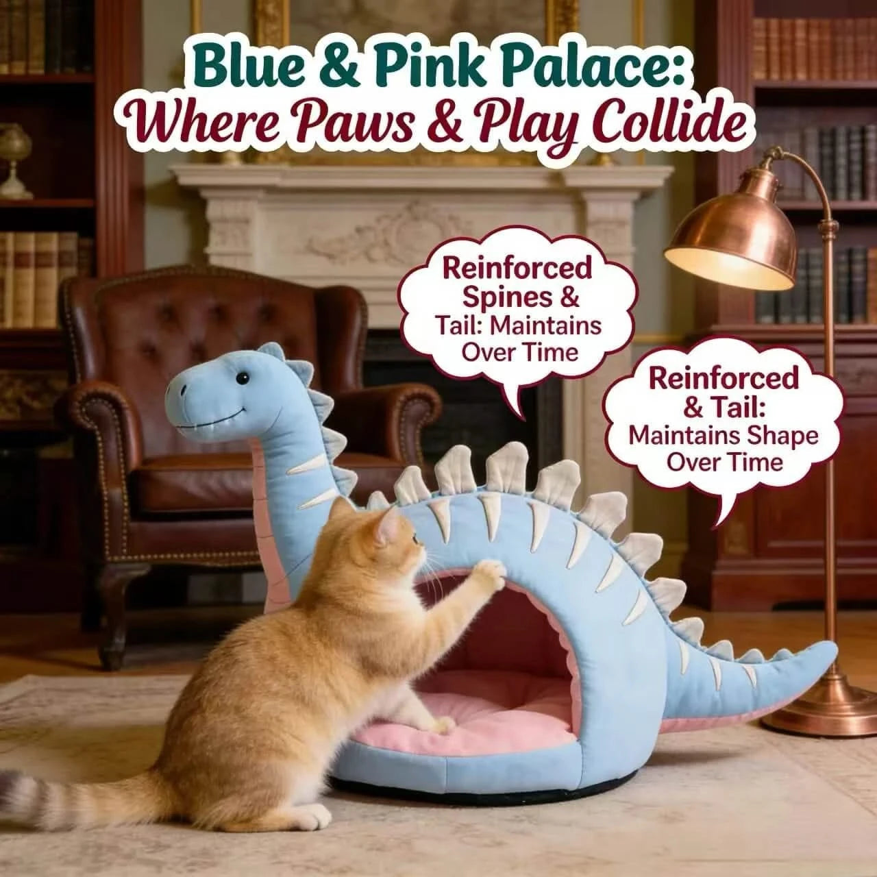 Cat Bed, Dino Shape, Plush Material, Light Blue, Versatile Surface Fit, Cozy Comfort