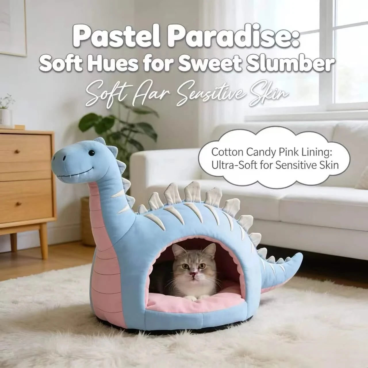 Cat Bed, Dino Shape, Plush Material, Light Blue, Versatile Surface Fit, Cozy Comfort