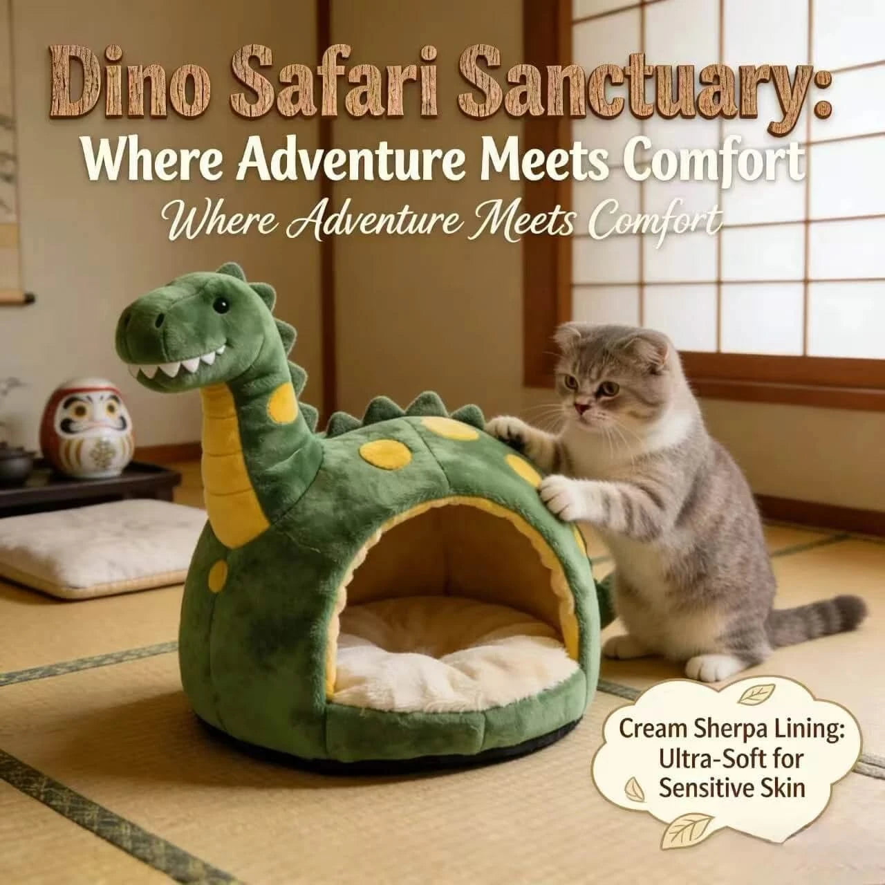 Cozy Cat Bed, Dinosaur Design, Green with Yellow Spots, Plush Material, Jurassic Charm