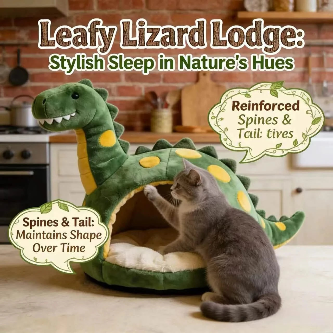 Cozy Cat Bed, Dinosaur Design, Green with Yellow Spots, Plush Material, Jurassic Charm