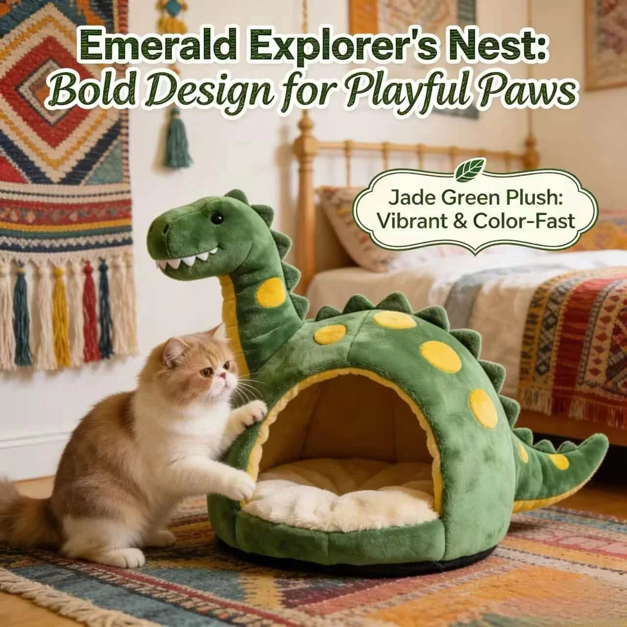 Cozy Cat Bed, Dinosaur Design, Green with Yellow Spots, Plush Material, Jurassic Charm