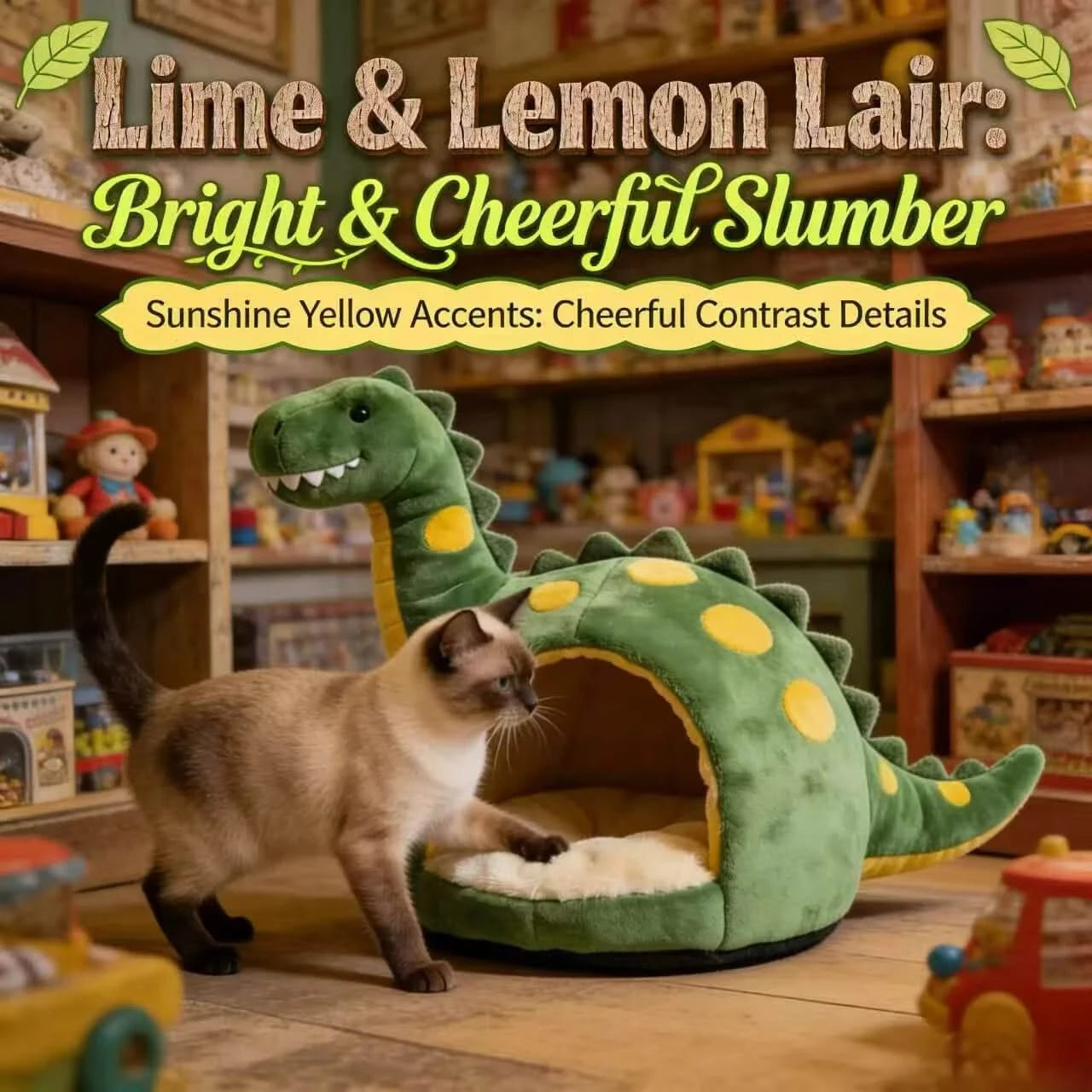 Cozy Cat Bed, Dinosaur Design, Green with Yellow Spots, Plush Material, Jurassic Charm