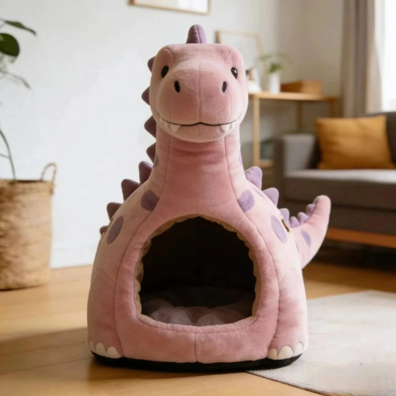 Cozy Cat Bed, Dinosaur Hideaway Design, Plush Fabric, Non-Slip Base, Pink/Purple