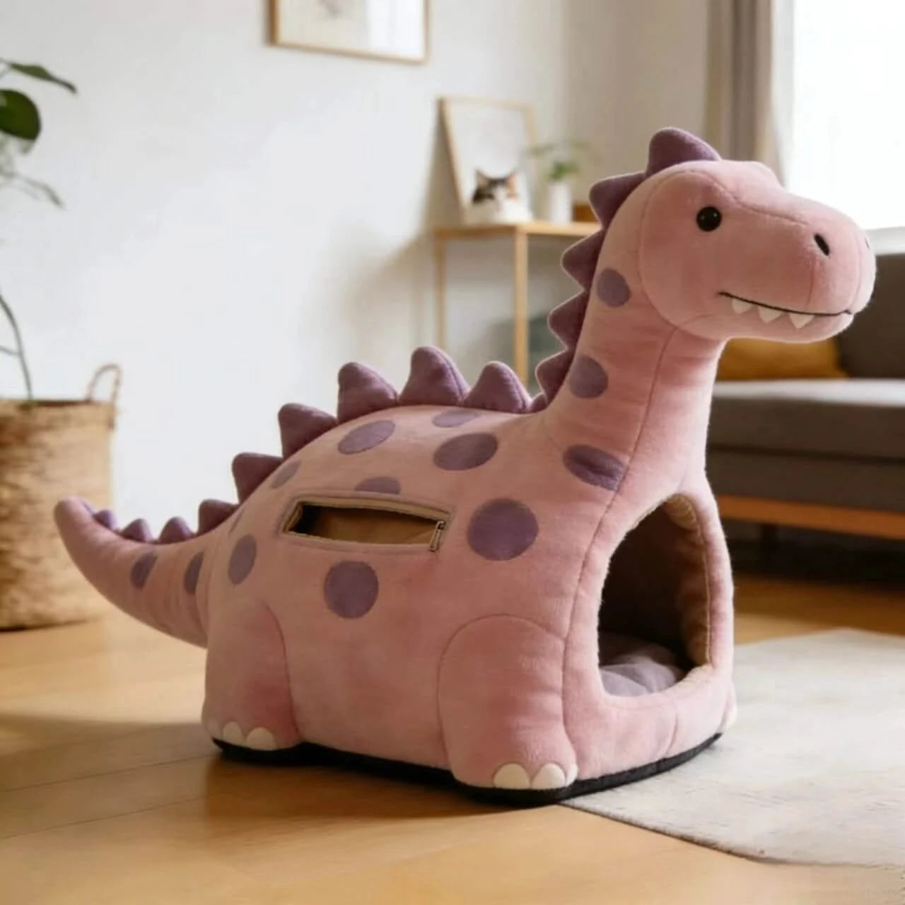 Cozy Cat Bed, Dinosaur Hideaway Design, Plush Fabric, Non-Slip Base, Pink/Purple