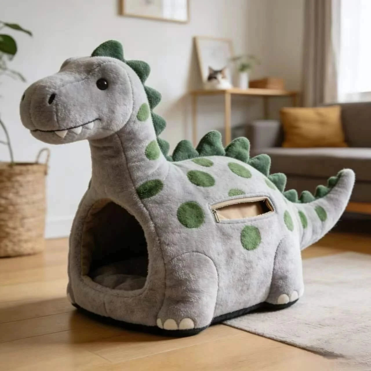 Stylish Cat Bed, Dinosaur Design, Luxe Softness, Gray Polka Dot, Jurassic Comfort Zone