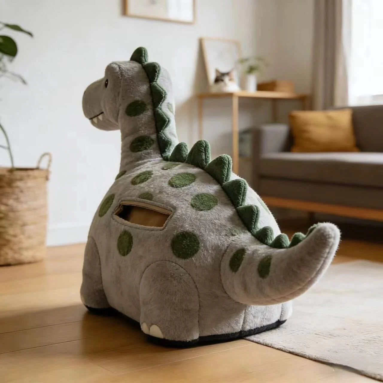 Stylish Cat Bed, Dinosaur Design, Luxe Softness, Gray Polka Dot, Jurassic Comfort Zone