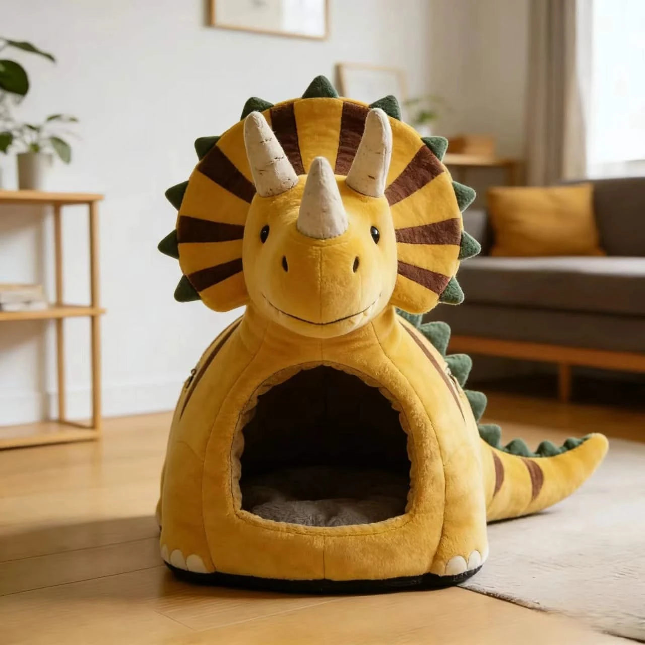 Dino-Themed Cat Bed, Triceratops Design, Plush Material, Yellow, Roaring Comfort, All-Season