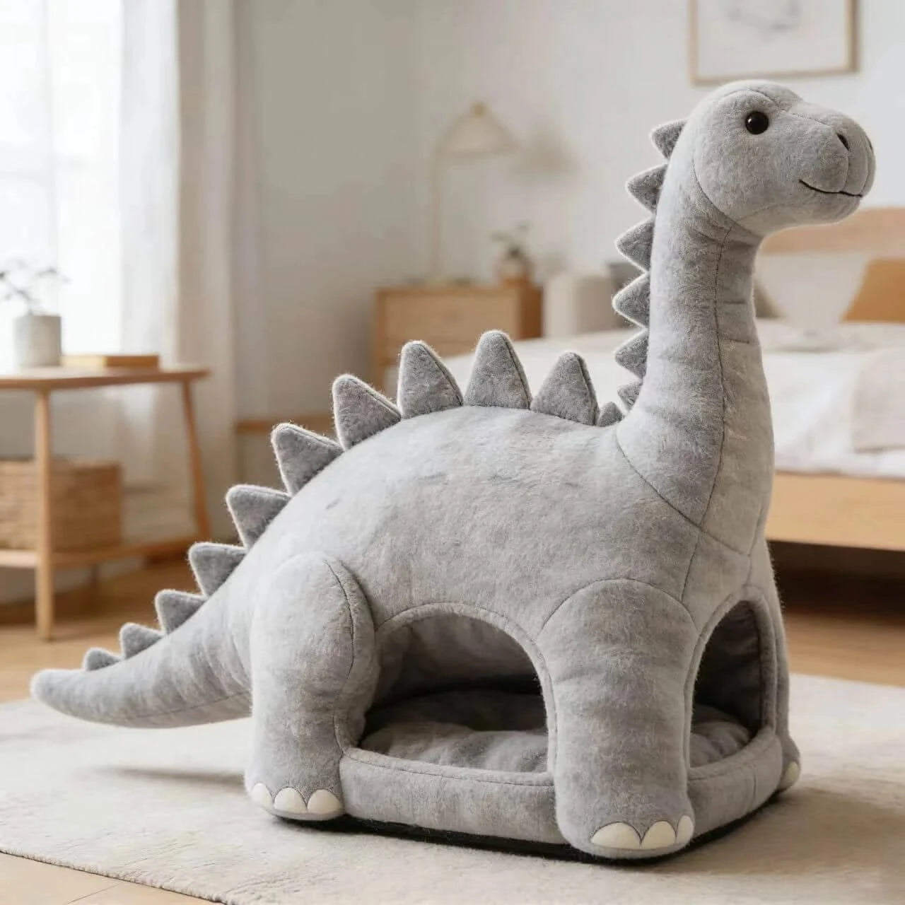 Novelty Pet Bed for Cats, Dinosaur Figurine Style, Plush Fabric, Warm, Gray