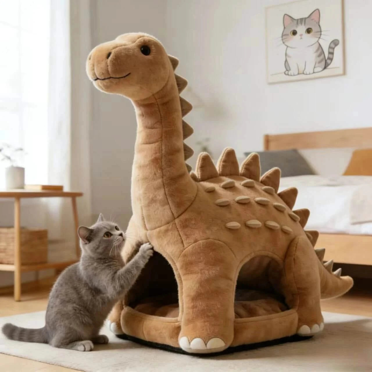 Cuddly Cat Bed, Dinosaur Cave Design, Anti-Slip Bottom, Plush Fabric, Brown