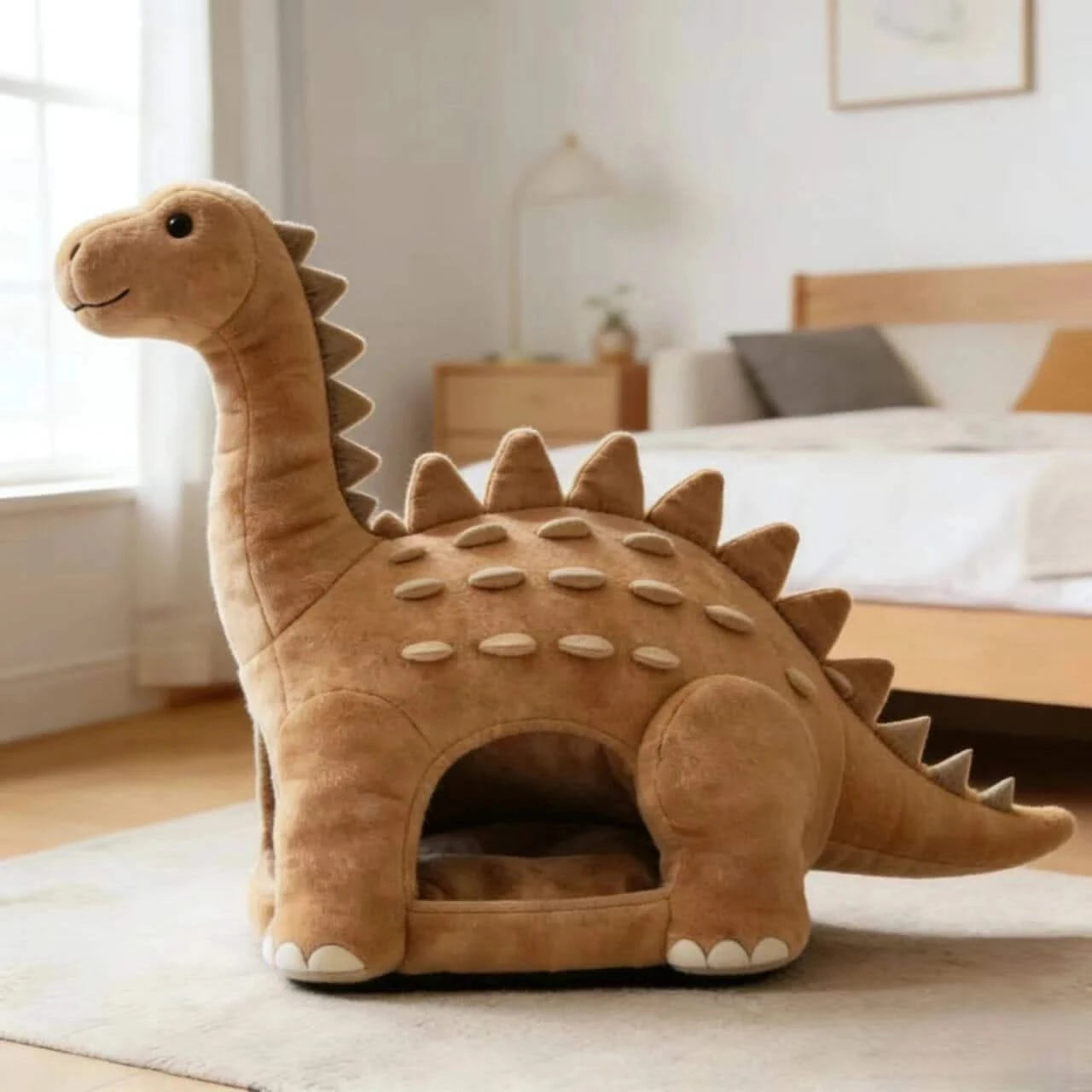 Cuddly Cat Bed, Dinosaur Cave Design, Anti-Slip Bottom, Plush Fabric, Brown