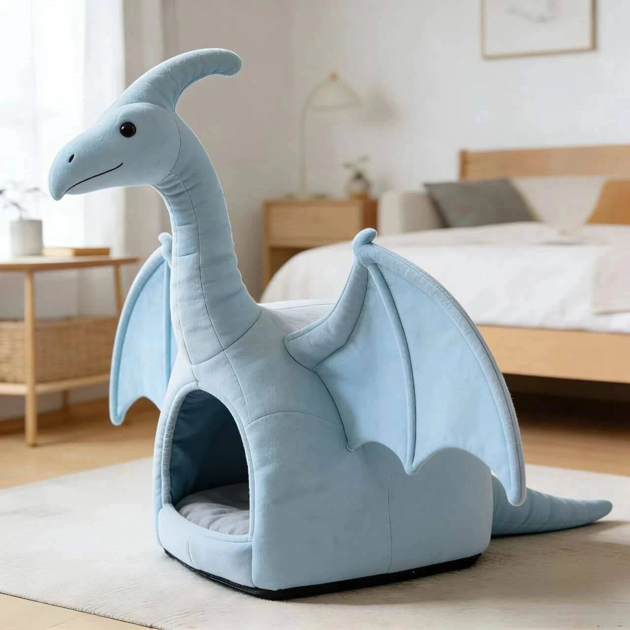 Stylish Cat Bed, Aqua Dragon Nest Design, Reinforced Wings, Blue Fabric, All-Season