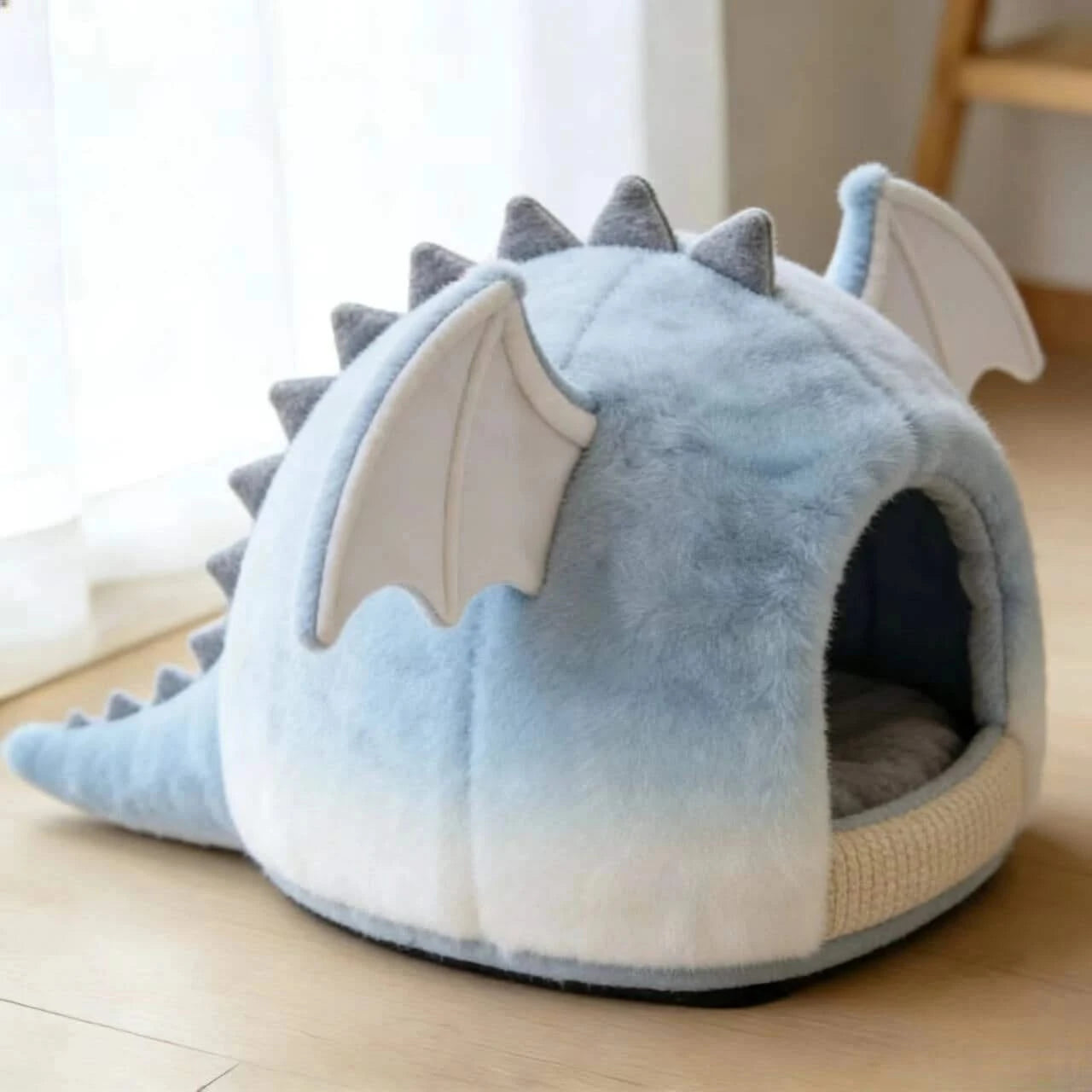 Cat Bed, Dragon Shape, Plush Material, White/Light Blue, Mythical Theme, Dreamy Slumber