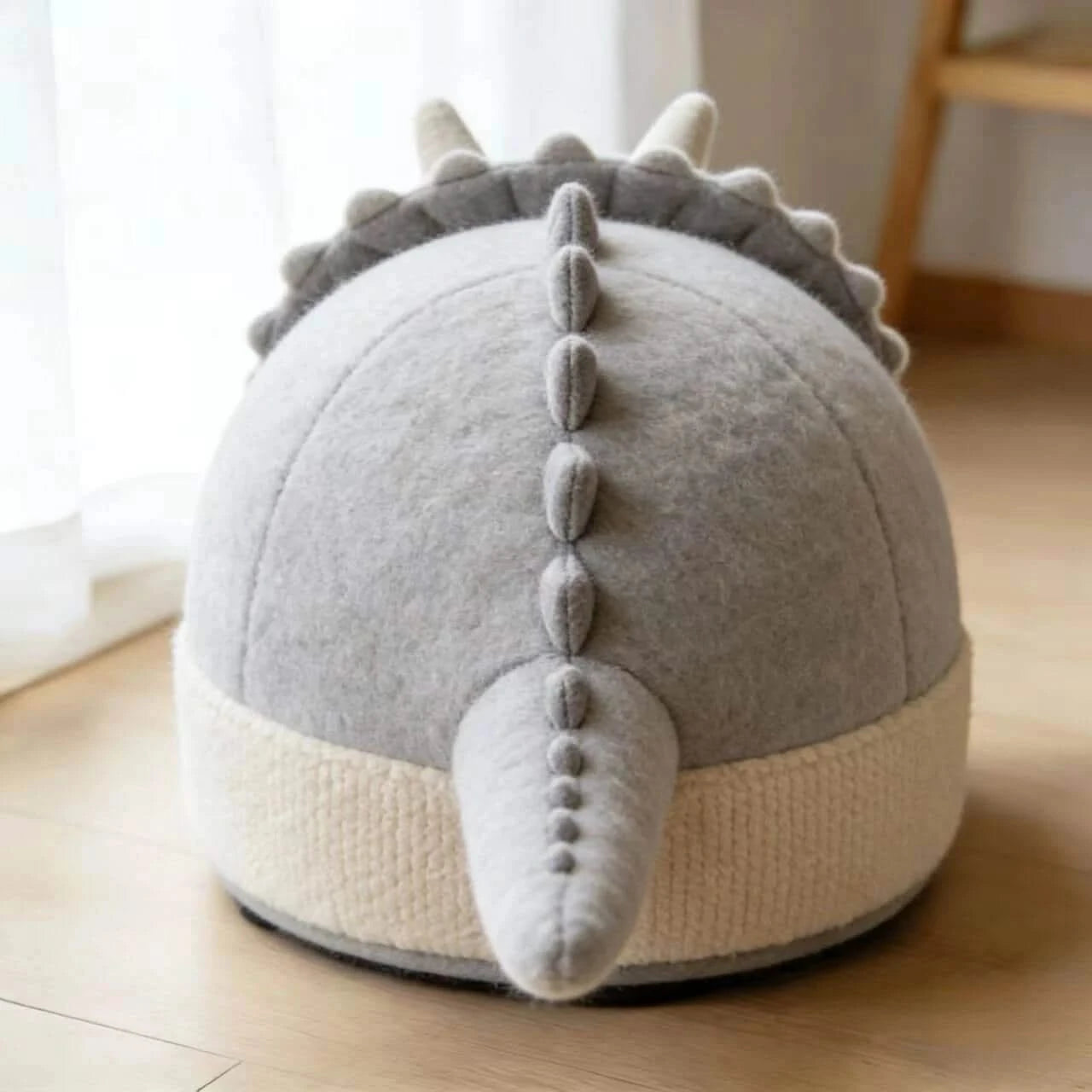  Deluxe Cat Bed, Dinosaur Cave Design, Non-Slip Base, Plush Fabric, Gray & White