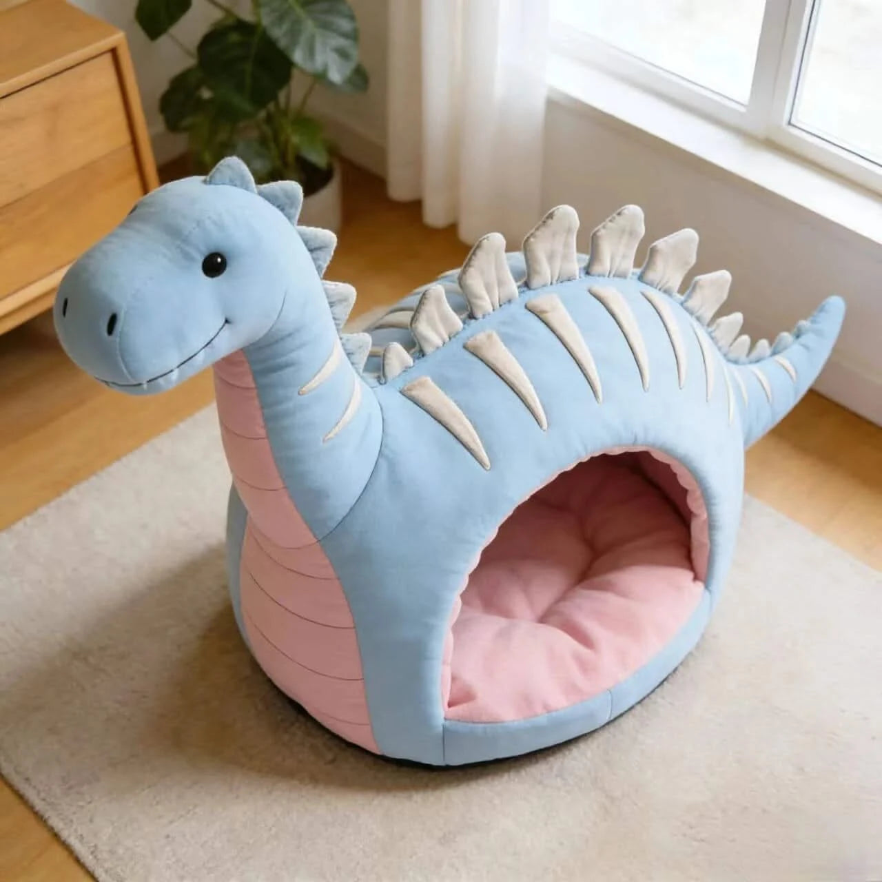 Cat Bed, Dino Shape, Plush Material, Light Blue, Versatile Surface Fit, Cozy Comfort