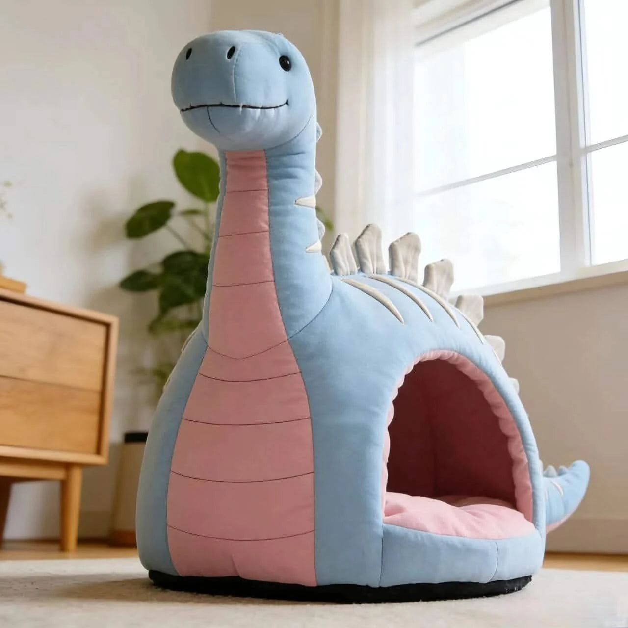 Cat Bed, Dino Shape, Plush Material, Light Blue, Versatile Surface Fit, Cozy Comfort