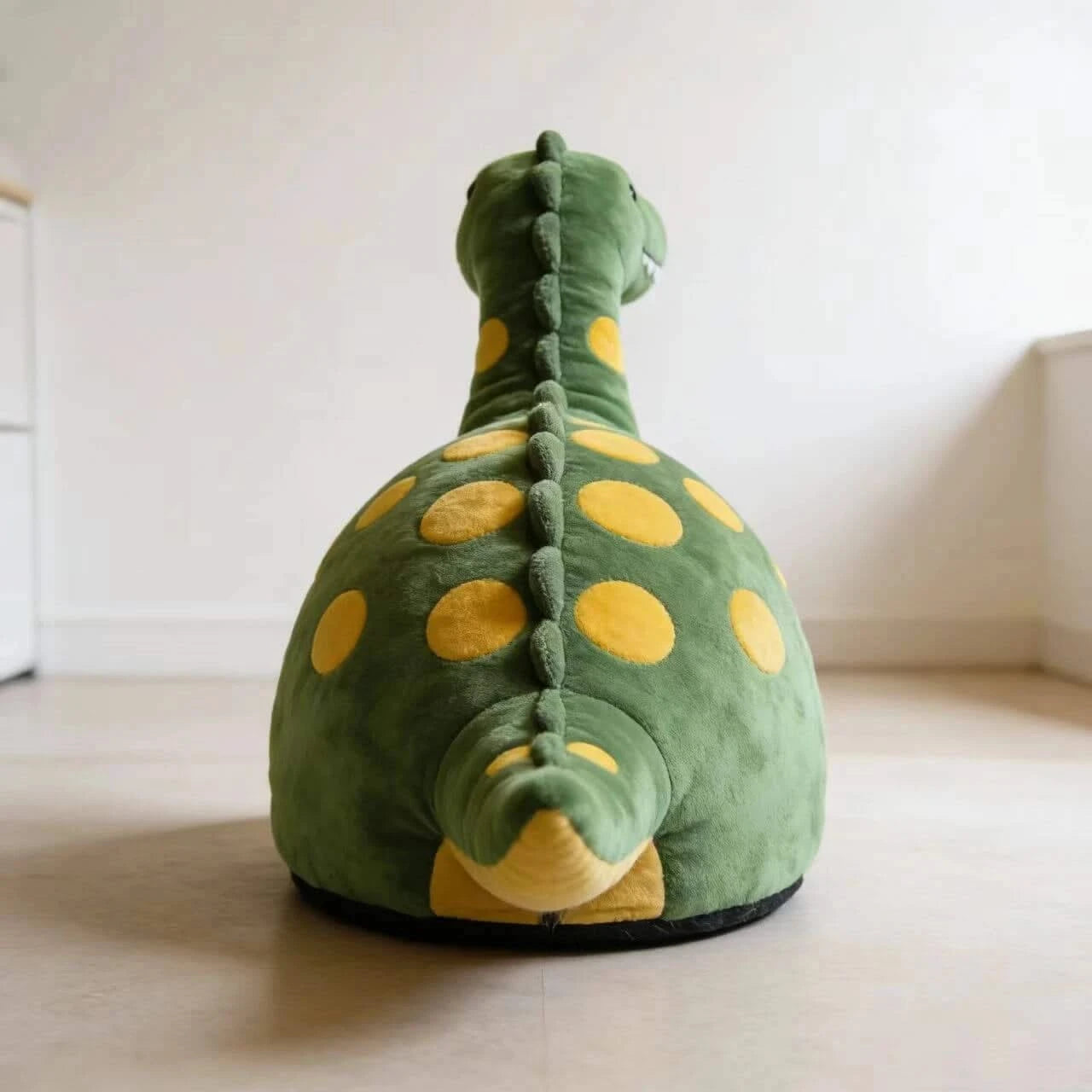 Cozy Cat Bed, Dinosaur Design, Green with Yellow Spots, Plush Material, Jurassic Charm