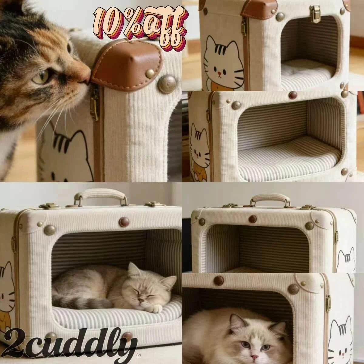 Portable Pet Bed for Cats, Suitcase Shape, Beige Canvas, Durable/Stylish, Anywhere Retreat, All-Season