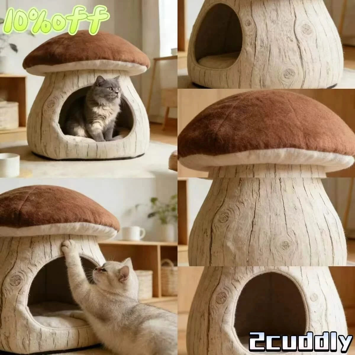 Cave-Style Cat Bed, Mushroom Design, Sturdy Frame, Warm Plush Lining, Indoor Use