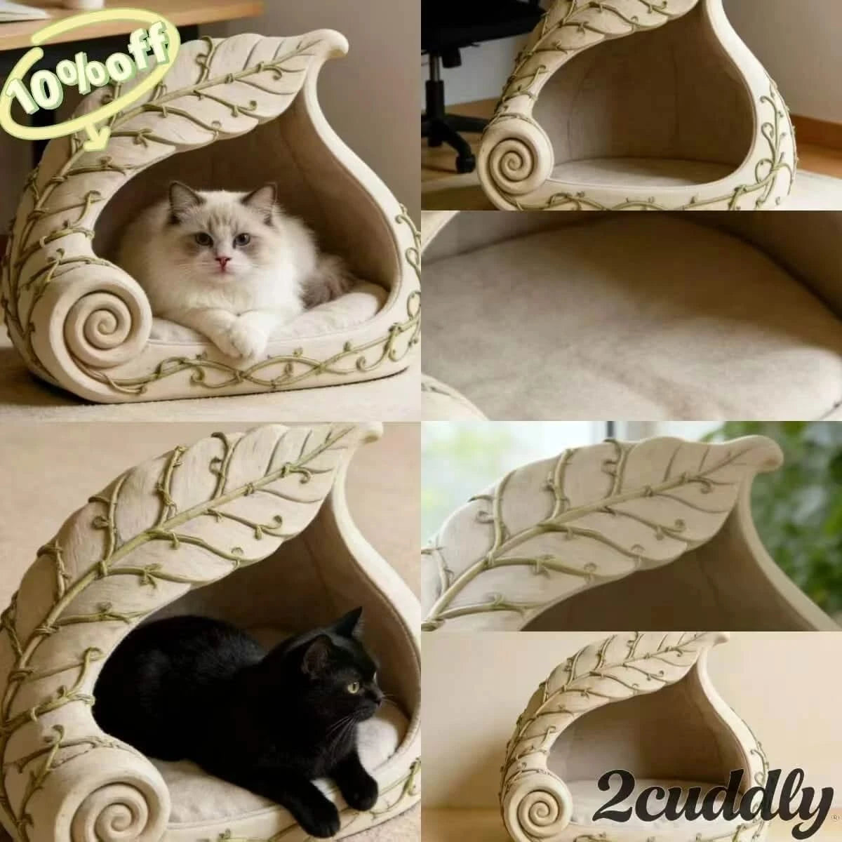  Unique Style Pet Bed for Cats, Spiral Leaf Shape, Plush Fabric, White/Beige,  All-Season