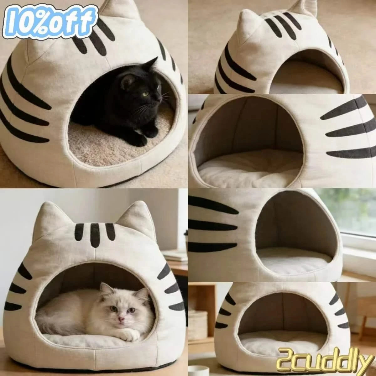 Cozy Pet Bed for Cats, Cat Ear Cave Design, Soft Fabric, White & Black Stripe, All-Season