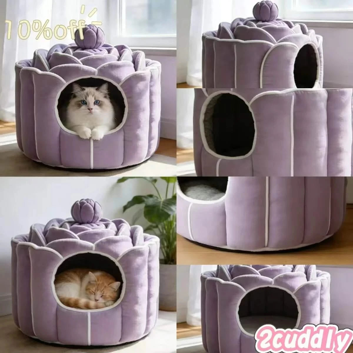 Privacy Pet Bed for Cats, Lotus Flower Shape, Washable Lining, Lavender