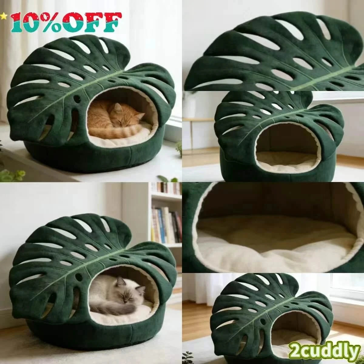 Cat Bed, Monstera Leaf Shape, Fuzzy Fabric, Green,  All-Season