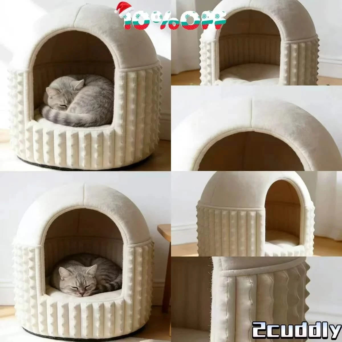 Elegant Cat Bed, Dome House Design, Smooth Velvet Texture, Faux Fur Exterior, Ivory