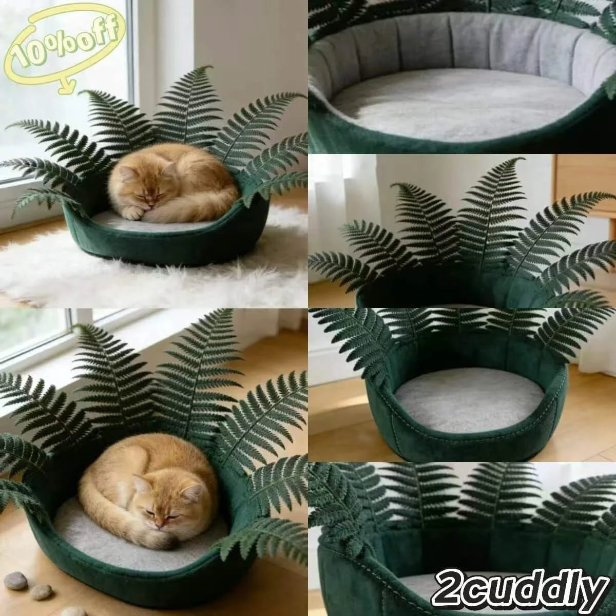Cat Bed, Potted Fern Shape, Plush Material, Green/White, Botanical Cave Bowl, All-Season