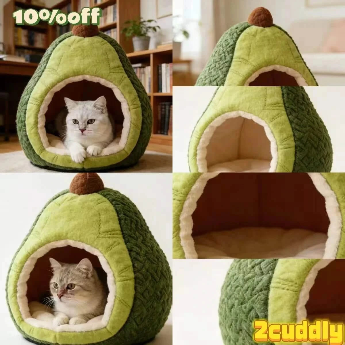 Cute Pet Bed for Cats, Avocado Shape, Plush Fabric, Green/Brown, Enclosed Cave
