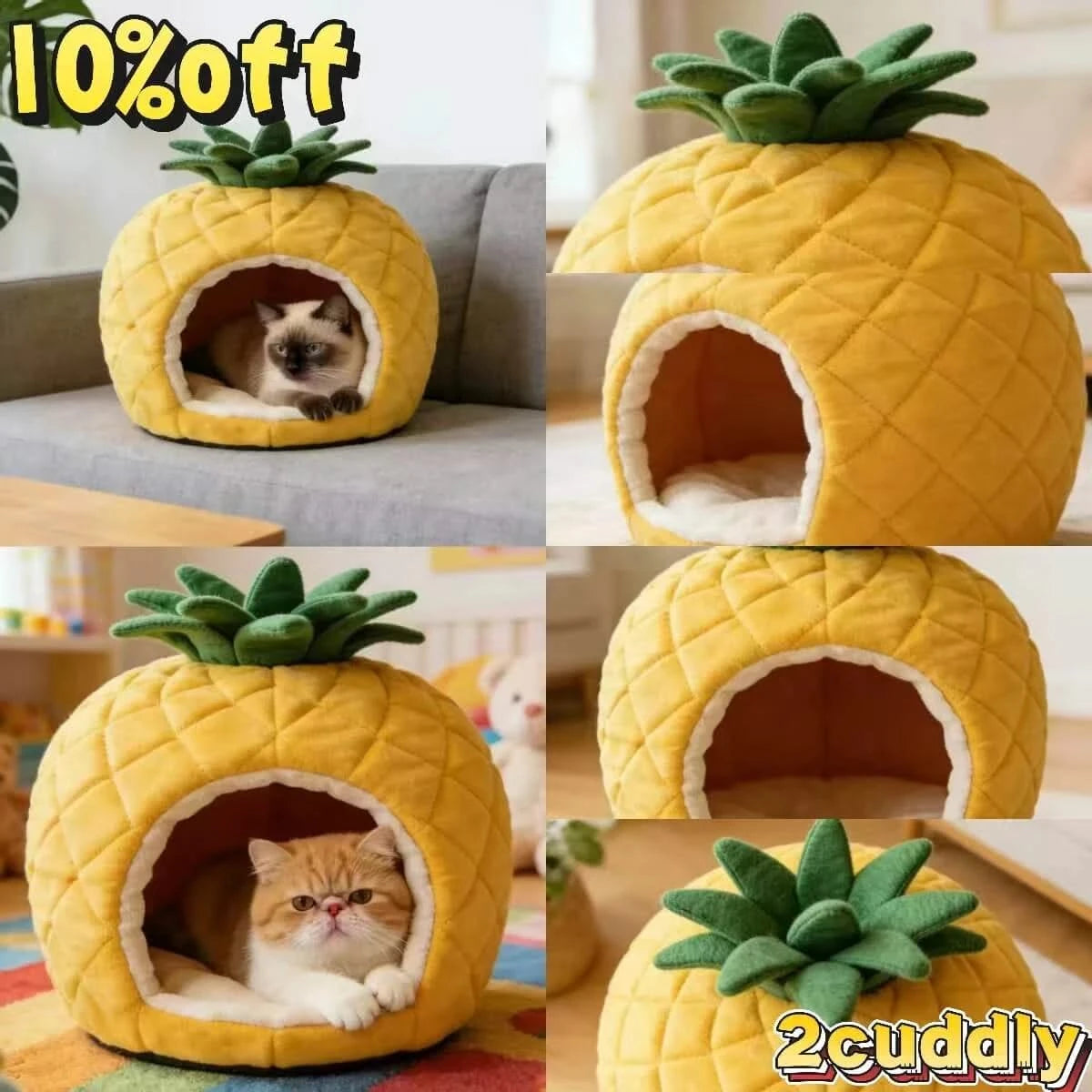 Cute Pet Bed for Cats, Pineapple Shape, Plush Fabric, Yellow/Green, Enclosed Cave