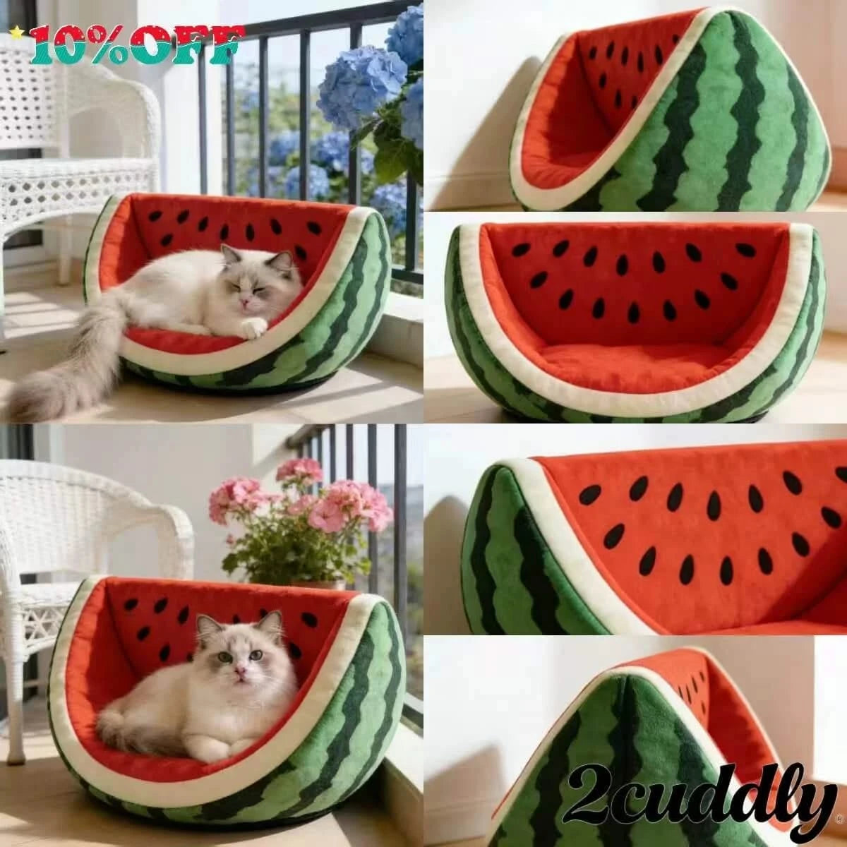 Pet Bed, Watermelon Slice Shape, Fluffy Material, Red/Green, Fruit-Themed Bowl