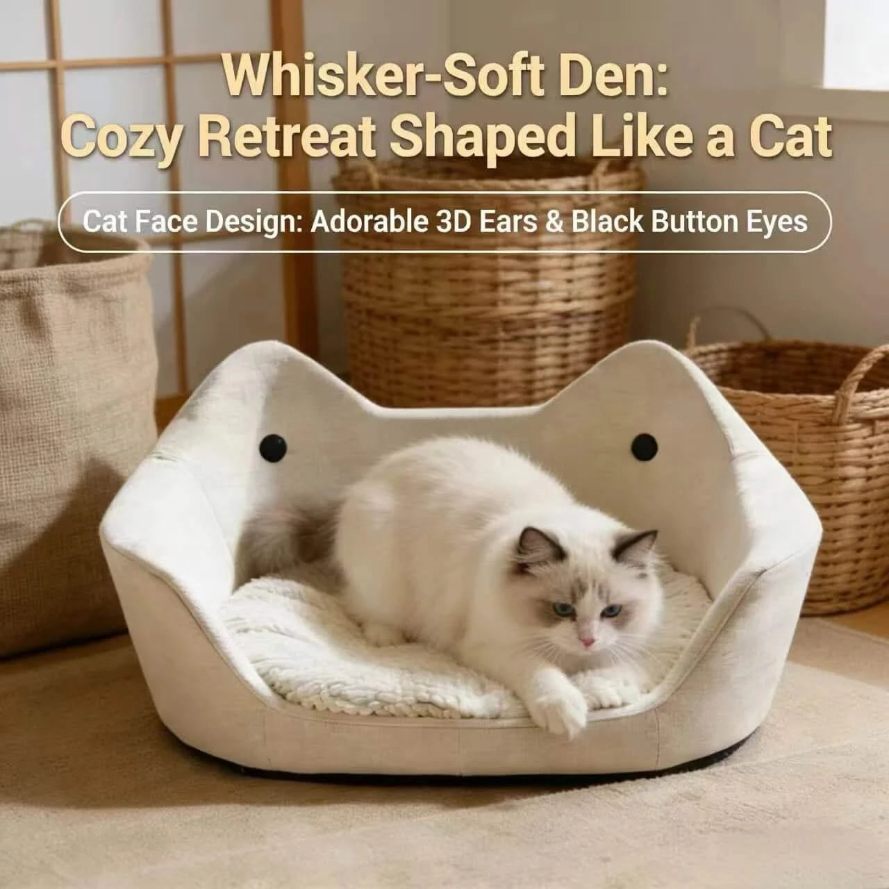 Modern Cat Bed, Feline-Shaped Den, Plush Interior, Neutral White, Stylish Home Fit