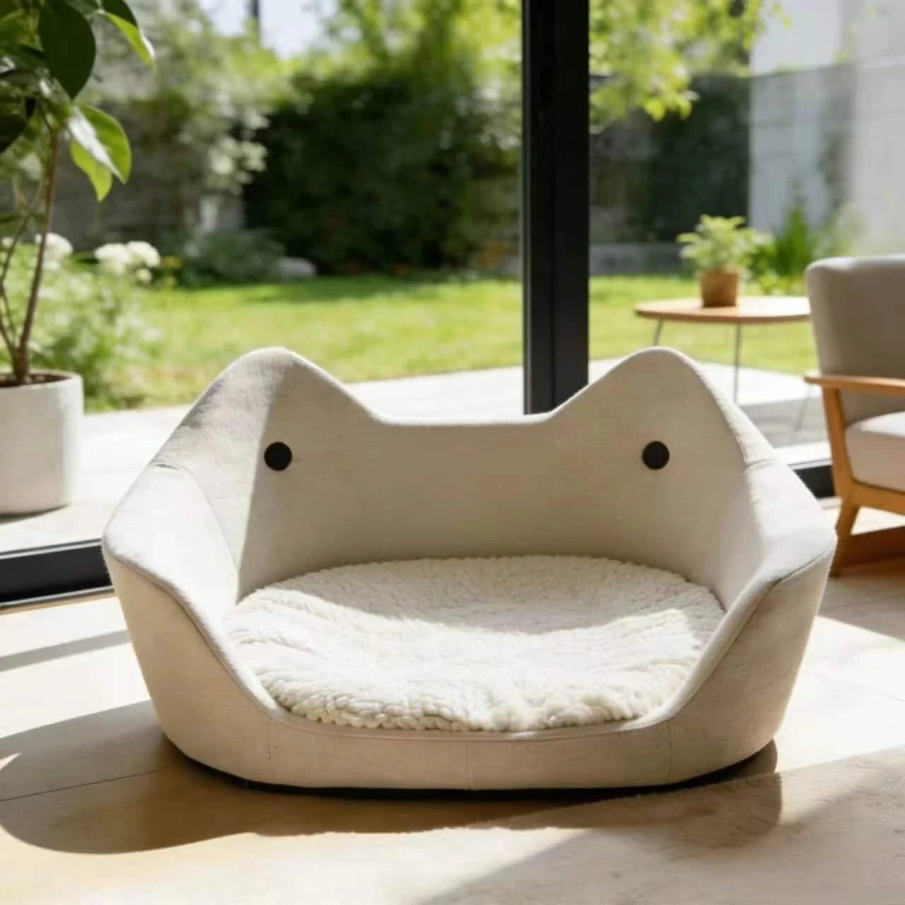 Modern Cat Bed, Feline-Shaped Den, Plush Interior, Neutral White, Stylish Home Fit