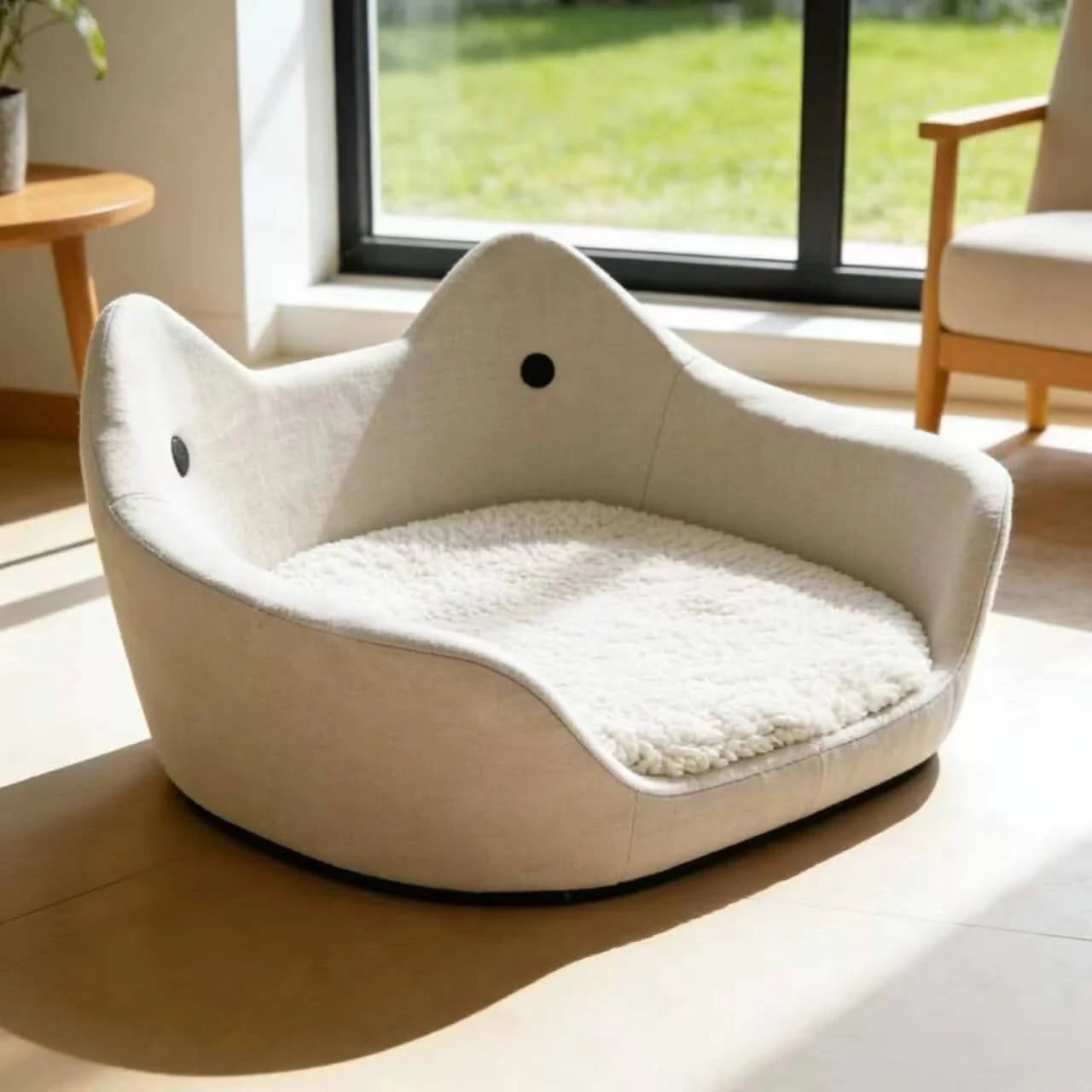  Modern Cat Bed, Feline-Shaped Den, Plush Interior, Neutral White, Stylish Home Fit