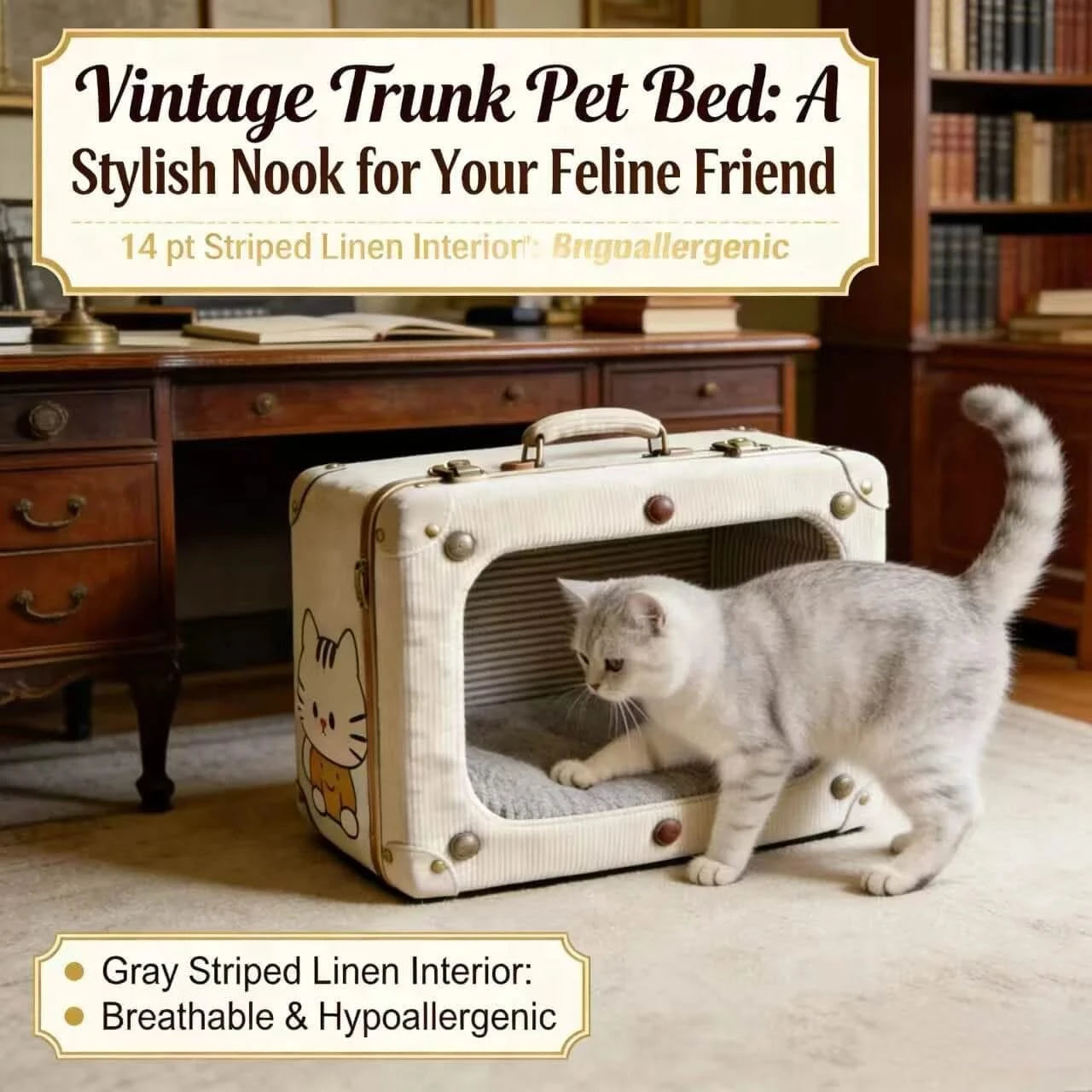 Portable Pet Bed for Cats, Suitcase Shape, Beige Canvas, Durable/Stylish, Anywhere Retreat, All-Season